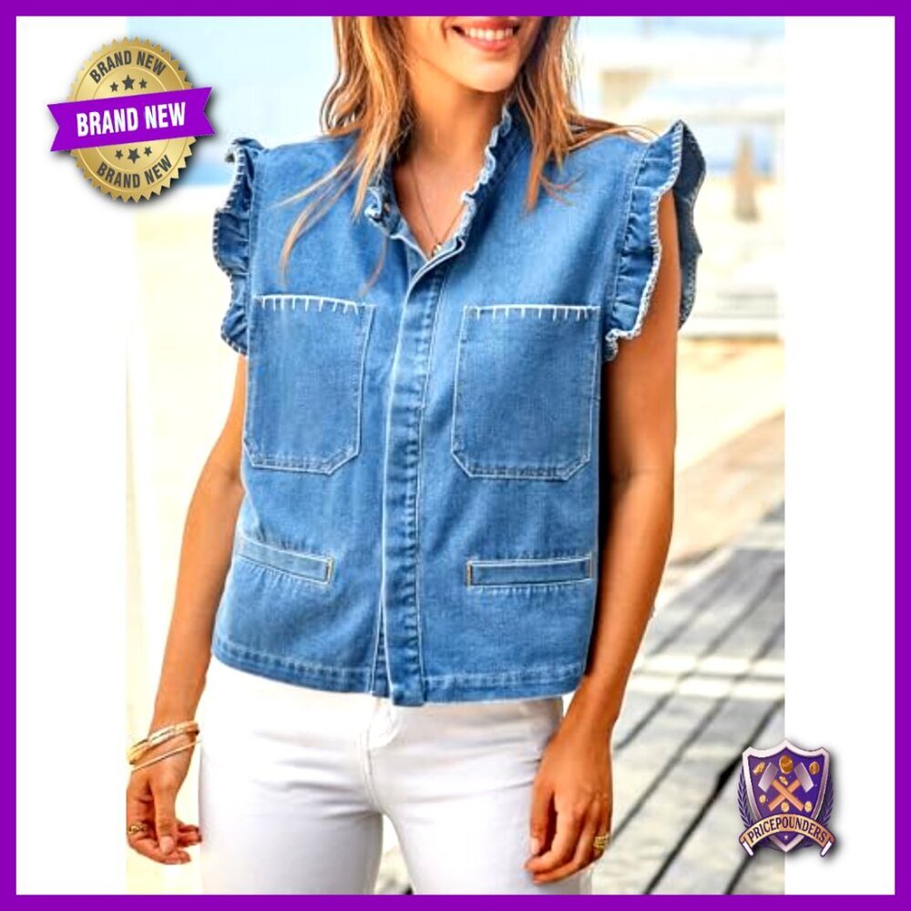 Denim Vest Ruffle Sleeve Cropped Jean Jacket Women's Casual Summer Top - Picture 2 of 7